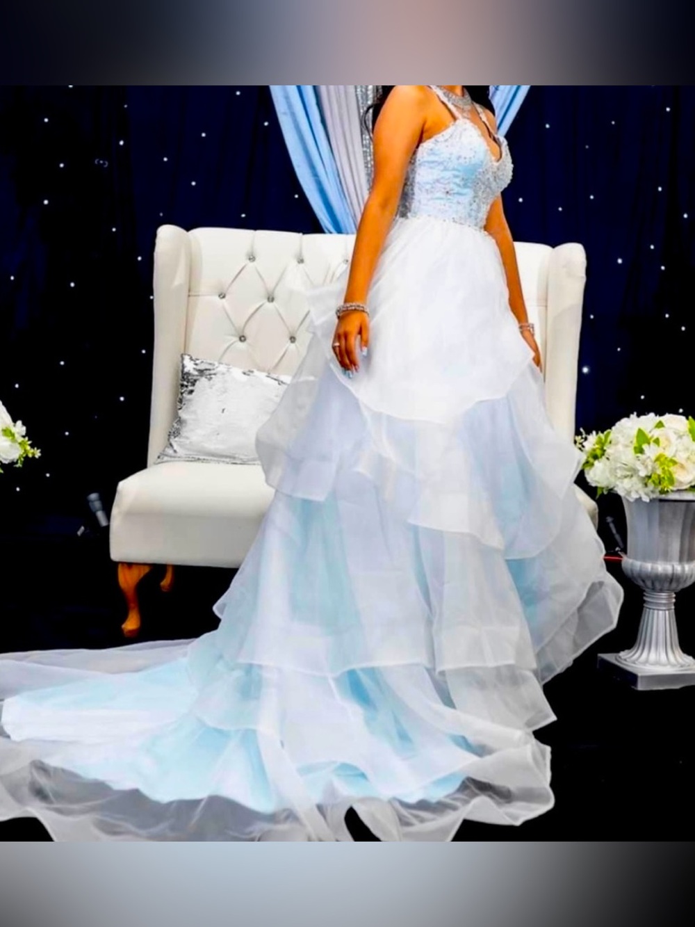 White Layered Organza Ball Gown with Embellished Bodice for Prom or a Gala!